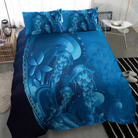 Blue Gradient Polynesia Jellyfish Bedding Set Plumeria Polynesian Tattoo Glowing Vibes