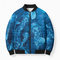 Blue Gradient Polynesia Jellyfish Bomber Puffer Jacket Plumeria Polynesian Tattoo Glowing Vibes