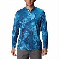 Blue Gradient Polynesia Jellyfish Button Sweatshirt Plumeria Polynesian Tattoo Glowing Vibes