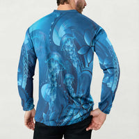 Blue Gradient Polynesia Jellyfish Button Sweatshirt Plumeria Polynesian Tattoo Glowing Vibes