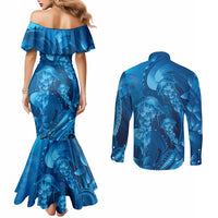 Blue Gradient Polynesia Jellyfish Couples Matching Mermaid Dress and Long Sleeve Button Shirt Plumeria Polynesian Tattoo Glowing Vibes LT14 - Polynesian Pride