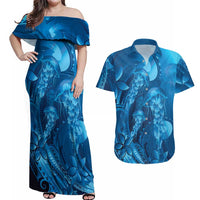 Blue Gradient Polynesia Jellyfish Couples Matching Off Shoulder Maxi Dress and Hawaiian Shirt Plumeria Polynesian Tattoo Glowing Vibes
