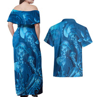 Blue Gradient Polynesia Jellyfish Couples Matching Off Shoulder Maxi Dress and Hawaiian Shirt Plumeria Polynesian Tattoo Glowing Vibes