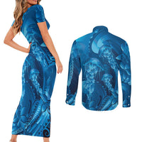Blue Gradient Polynesia Jellyfish Couples Matching Short Sleeve Bodycon Dress and Long Sleeve Button Shirt Plumeria Polynesian Tattoo Glowing Vibes