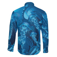 Blue Gradient Polynesia Jellyfish Family Matching Off The Shoulder Long Sleeve Dress and Hawaiian Shirt Plumeria Polynesian Tattoo Glowing Vibes