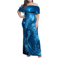 Blue Gradient Polynesia Jellyfish Family Matching Off Shoulder Maxi Dress and Hawaiian Shirt Plumeria Polynesian Tattoo Glowing Vibes LT14 Mom's Dress Blue - Polynesian Pride