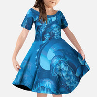 Blue Gradient Polynesia Jellyfish Family Matching Puletasi and Hawaiian Shirt Plumeria Polynesian Tattoo Glowing Vibes LT14 Daughter's Dress Blue - Polynesian Pride