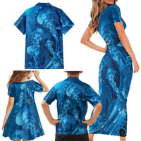 Blue Gradient Polynesia Jellyfish Family Matching Short Sleeve Bodycon Dress and Hawaiian Shirt Plumeria Polynesian Tattoo Glowing Vibes