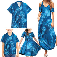 Blue Gradient Polynesia Jellyfish Family Matching Summer Maxi Dress and Hawaiian Shirt Plumeria Polynesian Tattoo Glowing Vibes LT14 - Polynesian Pride
