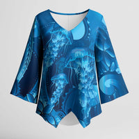 Blue Gradient Polynesia Jellyfish Kimono Sleeve Blouse Plumeria Polynesian Tattoo Glowing Vibes