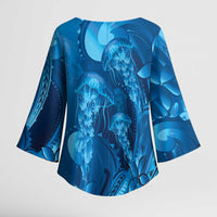 Blue Gradient Polynesia Jellyfish Kimono Sleeve Blouse Plumeria Polynesian Tattoo Glowing Vibes