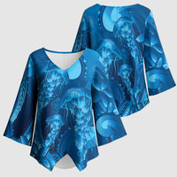 Blue Gradient Polynesia Jellyfish Kimono Sleeve Blouse Plumeria Polynesian Tattoo Glowing Vibes