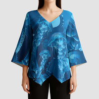 Blue Gradient Polynesia Jellyfish Kimono Sleeve Blouse Plumeria Polynesian Tattoo Glowing Vibes