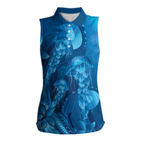 Blue Gradient Polynesia Jellyfish Women Sleeveless Polo Shirt Plumeria Polynesian Tattoo Glowing Vibes
