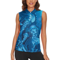 Blue Gradient Polynesia Jellyfish Women Sleeveless Polo Shirt Plumeria Polynesian Tattoo Glowing Vibes