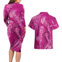 Pink Gradient Polynesia Jellyfish Couples Matching Long Sleeve Bodycon Dress and Hawaiian Shirt Plumeria Polynesian Tattoo Glowing Vibes