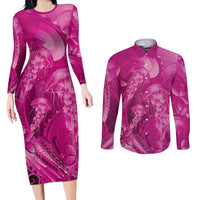 Pink Gradient Polynesia Jellyfish Couples Matching Long Sleeve Bodycon Dress and Long Sleeve Button Shirt Plumeria Polynesian Tattoo Glowing Vibes LT14 Pink - Polynesian Pride