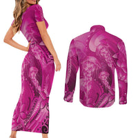 Pink Gradient Polynesia Jellyfish Couples Matching Short Sleeve Bodycon Dress and Long Sleeve Button Shirt Plumeria Polynesian Tattoo Glowing Vibes LT14 - Polynesian Pride