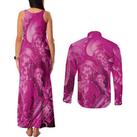 Pink Gradient Polynesia Jellyfish Couples Matching Tank Maxi Dress and Long Sleeve Button Shirt Plumeria Polynesian Tattoo Glowing Vibes LT14 - Polynesian Pride