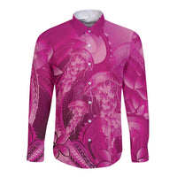 Pink Gradient Polynesia Jellyfish Long Sleeve Button Shirt Plumeria Polynesian Tattoo Glowing Vibes