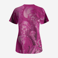 Pink Gradient Polynesia Jellyfish Scrub Top Plumeria Polynesian Tattoo Glowing Vibes