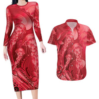 Red Gradient Polynesia Jellyfish Couples Matching Long Sleeve Bodycon Dress and Hawaiian Shirt Plumeria Polynesian Tattoo Glowing Vibes LT14 Red - Polynesian Pride