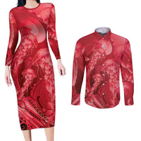 Red Gradient Polynesia Jellyfish Couples Matching Long Sleeve Bodycon Dress and Long Sleeve Button Shirt Plumeria Polynesian Tattoo Glowing Vibes