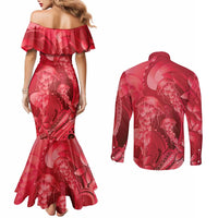 Red Gradient Polynesia Jellyfish Couples Matching Mermaid Dress and Long Sleeve Button Shirt Plumeria Polynesian Tattoo Glowing Vibes LT14 - Polynesian Pride