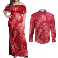 Red Gradient Polynesia Jellyfish Couples Matching Off Shoulder Maxi Dress and Long Sleeve Button Shirt Plumeria Polynesian Tattoo Glowing Vibes