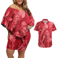 Red Gradient Polynesia Jellyfish Couples Matching Off Shoulder Short Dress and Hawaiian Shirt Plumeria Polynesian Tattoo Glowing Vibes