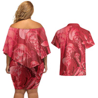 Red Gradient Polynesia Jellyfish Couples Matching Off Shoulder Short Dress and Hawaiian Shirt Plumeria Polynesian Tattoo Glowing Vibes