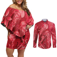 Red Gradient Polynesia Jellyfish Couples Matching Off Shoulder Short Dress and Long Sleeve Button Shirt Plumeria Polynesian Tattoo Glowing Vibes