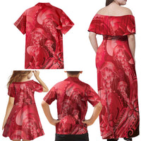 Red Gradient Polynesia Jellyfish Family Matching Off Shoulder Maxi Dress and Hawaiian Shirt Plumeria Polynesian Tattoo Glowing Vibes LT14 - Polynesian Pride