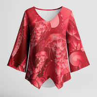Red Gradient Polynesia Jellyfish Kimono Sleeve Blouse Plumeria Polynesian Tattoo Glowing Vibes
