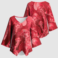 Red Gradient Polynesia Jellyfish Kimono Sleeve Blouse Plumeria Polynesian Tattoo Glowing Vibes