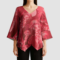 Red Gradient Polynesia Jellyfish Kimono Sleeve Blouse Plumeria Polynesian Tattoo Glowing Vibes