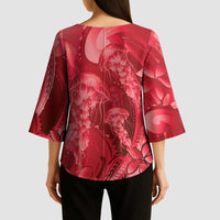 Red Gradient Polynesia Jellyfish Kimono Sleeve Blouse Plumeria Polynesian Tattoo Glowing Vibes
