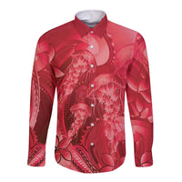 Red Gradient Polynesia Jellyfish Long Sleeve Button Shirt Plumeria Polynesian Tattoo Glowing Vibes