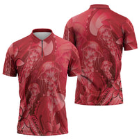 Red Gradient Polynesia Jellyfish Zipper Polo Shirt Plumeria Polynesian Tattoo Glowing Vibes