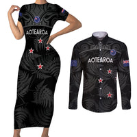 Custom New Zealand Silver Fern Football Couples Matching Short Sleeve Bodycon Dress and Long Sleeve Button Shirt Summer 2024 Olympic Go Aotearoa LT14 Black - Polynesian Pride