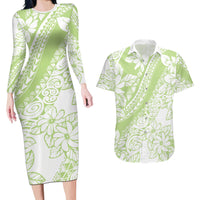 Polynesian Tiare Flower Sage Green Pastel Couples Matching Long Sleeve Bodycon Dress and Hawaiian Shirt LT14 Sage Green - Polynesian Pride