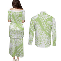 Polynesian Tiare Flower Sage Green Pastel Couples Matching Puletasi and Long Sleeve Button Shirt