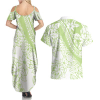 Polynesian Tiare Flower Sage Green Pastel Couples Matching Summer Maxi Dress and Hawaiian Shirt LT14 - Polynesian Pride
