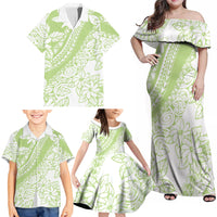 Polynesian Tiare Flower Sage Green Pastel Family Matching Off Shoulder Maxi Dress and Hawaiian Shirt