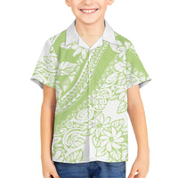 Polynesian Tiare Flower Sage Green Pastel Family Matching Off Shoulder Maxi Dress and Hawaiian Shirt