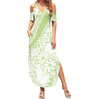 Polynesian Tiare Flower Sage Green Pastel Family Matching Summer Maxi Dress and Hawaiian Shirt