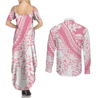 Polynesian Tiare Flower Pink Pastel Vibes Couples Matching Summer Maxi Dress and Long Sleeve Button Shirt