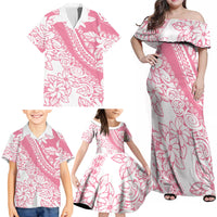 Polynesian Tiare Flower Pink Pastel Vibes Family Matching Off Shoulder Maxi Dress and Hawaiian Shirt
