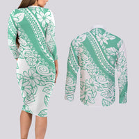 Polynesian Tiare Flower Cyan Pastel Vibes Couples Matching Long Sleeve Bodycon Dress and Long Sleeve Button Shirt LT14 - Polynesian Pride