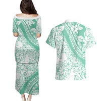 Polynesian Tiare Flower Cyan Pastel Vibes Couples Matching Puletasi and Hawaiian Shirt